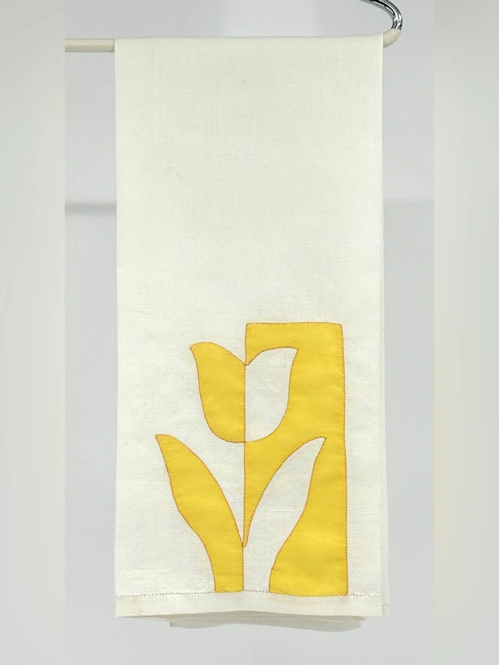 Vintage set of mid-century modern hand appliqué linen cotton tea towels